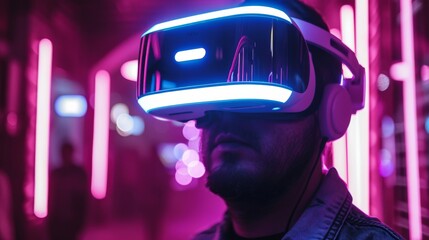 Fototapeta premium Person Using Virtual Reality Headset in Neon-Lit Environment