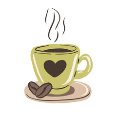 Coffee cup with beans and heart isolated on white background