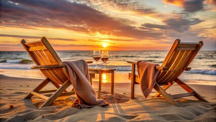 Warm orange hues illuminate a tranquil beach scene, adorned with scattered blankets, empty wine glasses, and rustic wooden chairs, evoking a sense of nostalgia and camaraderie.