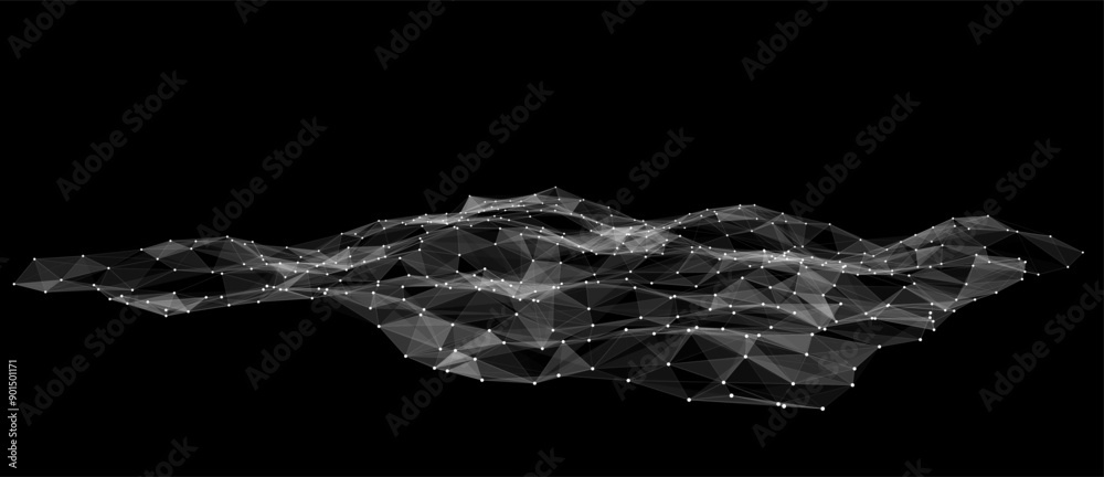 Poster black futuristic moving wave. digital background with moving glowing particles. big data visualizati