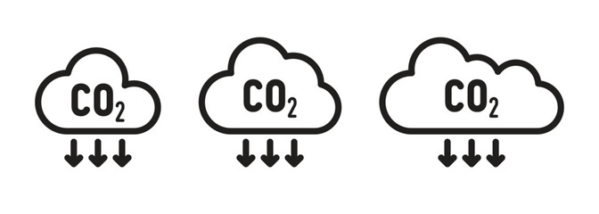 A set of icons for CO2 emissions, carbon dioxide clouds with downward arrows.