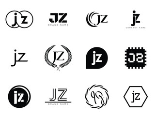 JZ logo company template. Letter j and z logotype. Set different classic serif lettering and modern bold text with design elements. Initial font typography.