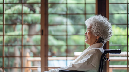 窓辺の車椅子の笑顔の高齢女性