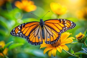 Obraz premium Delicate monarch butterfly perches on bright yellow petals of a sun-kissed flower, its intricate wings featuring vibrant orange and black veins, amidst lush green foliage.