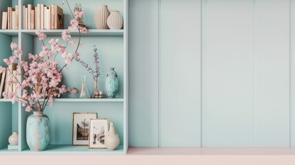 A shelf unit is elegantly arranged with books, decorative vases, and photo frames, adding charm to the soft pastel wall. Generative AI