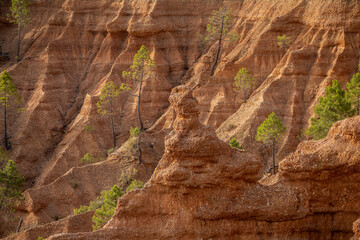 Detail of the geological formation of the Talayuelas canyon in Cuenca, Castilla-La Mancha, Spain, with its characteristic eroded red earth