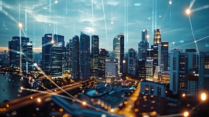 Big modern city city skyscraper downtown, digital interface with line connection.