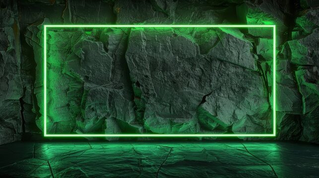 Dark stone table surrounded by green neon laser lights. Party or night club concept background.