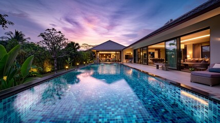 Fototapeta premium Luxury Villa with Private Pool at Sunset
