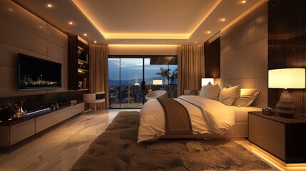 Fototapeta premium Luxurious Modern Bedroom with Ambient Lighting
