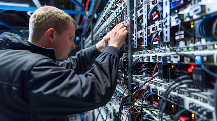 Obraz premium Engineer Inspecting Server Rack with Advanced Data Platform and Assurance
