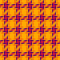 Hotel check plaid texture, scottish vector fabric background. Layer seamless pattern tartan textile in orange and red colors.