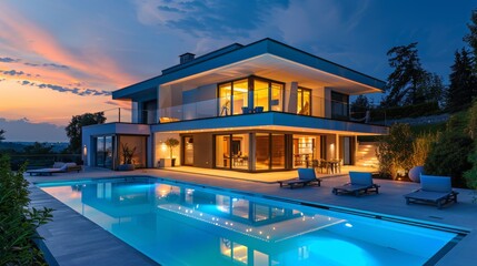 Obraz premium Modern Luxury Villa with Swimming Pool at Sunset