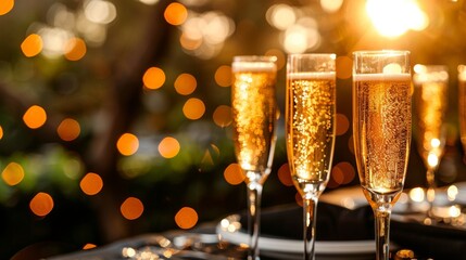 luxury event catering, elegant table with champagne glasses filled with sparkling drinks, perfect for upscale parties and events ideal for event catering display