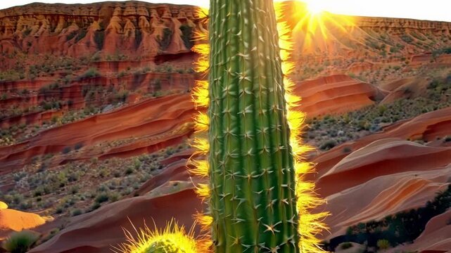 A closeup of a cactus growing amidst a of colorful sedimentary rocks the sun warming its spiny branches.