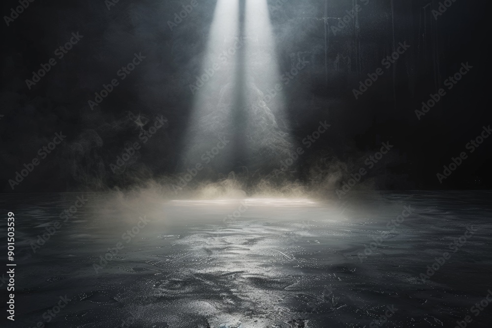 Canvas Prints Dark studio with spot lighting, foggy concrete floor, and fog or mist in black background.