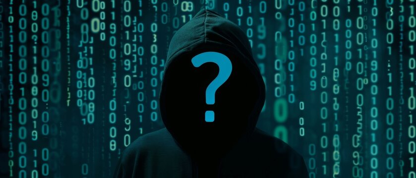 faceless man in black hoodie with blue question mark on binary code background, mysterious and anonymous figure, security, data privacy, or Cyber Threat secretive actions.