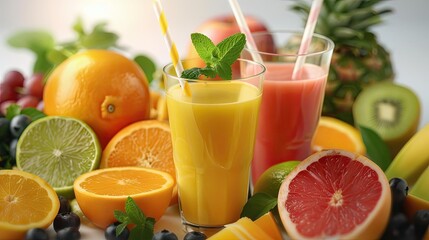 Refreshing tropical fruit juices with fresh oranges, grapefruits, and healthy ingredients, highlighting vibrant colors and natural goodness.