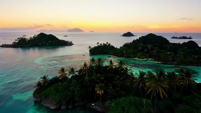 Flying over a group of small islands as the sky is painted in a breathtaking array of oranges pinks and purples.