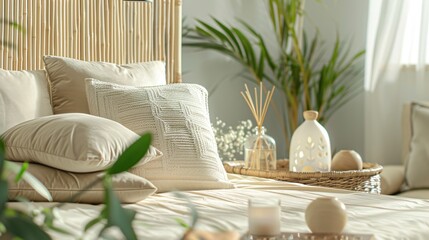 A relaxing nap space with a bamboo pillow on a soft mattress, surrounded by calming elements like a bamboo water fountain, essential oil diffuser, and a soothing color palette