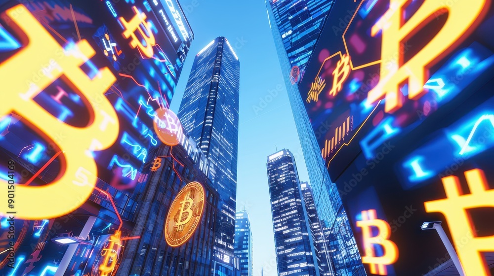 Poster Skyscrapers with glowing Bitcoin symbols, representing cryptocurrency and blockchain technology in a modern cityscape.
