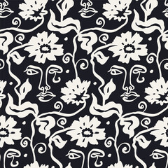 Black and white brush strokes ink wash flowers and female faces seamless pattern. Abstract monochrome floral modern fashion background. Minimalist botanical wallpaper