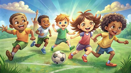 Diverse group of children playing football inclusively promoting unity and sportsmanship.