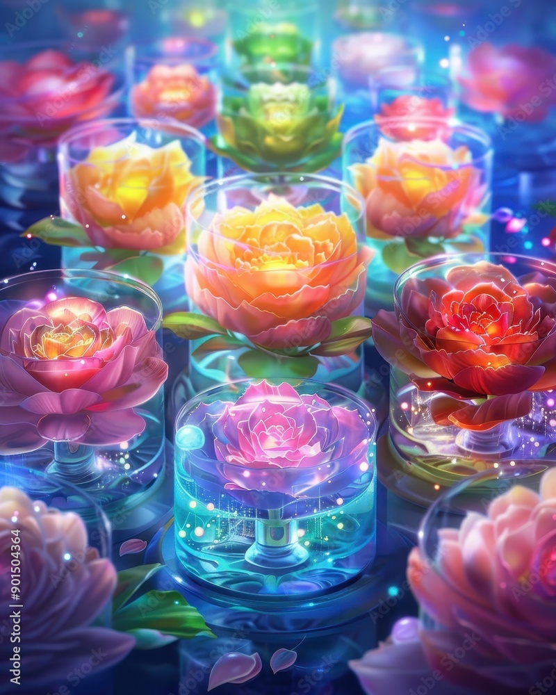 Poster vibrant, illuminated flowers in glass containers creating a magical, ethereal atmosphere with glowin