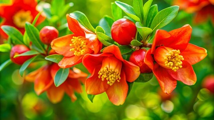 Vibrant pomegranate flowers with delicate petals and prominent yellow anthers bloom against a lush green background, showcasing nature's beauty and vibrant colors.