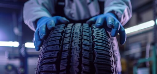 In the background, a mechanic holds a new tyre and is standing in a garage. Copy space available.