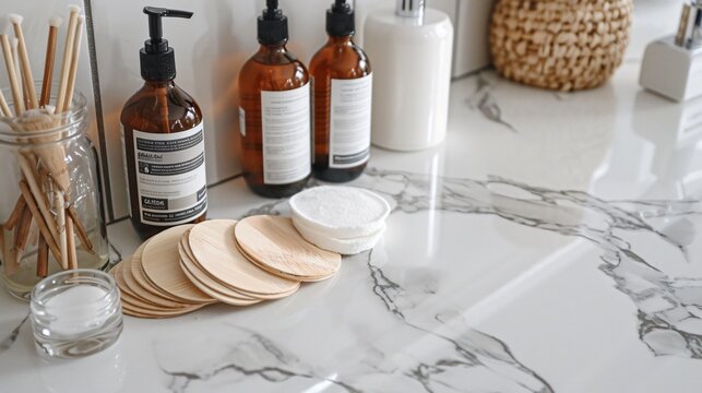 A zero-waste beauty routine display with bamboo makeup remover pads laid out on a white marble countertop, complemented by glass bottles of homemade skincare solutions