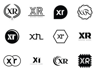 XR logo company template. Letter x and r logotype. Set different classic serif lettering and modern bold text with design elements. Initial font typography.