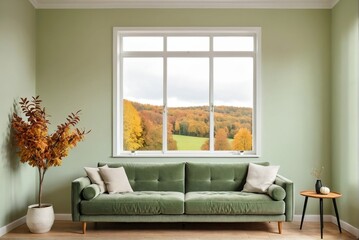 Green stylish minimalist room with sofa and autumn landscape in window with copy space.