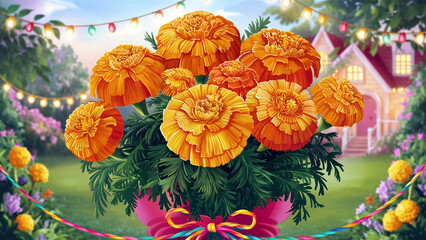 Vibrant marigold flowers in full bloom with a soft garden background, perfect for festive themes and celebration decorations. 