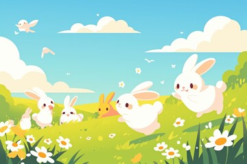 A group of fluffy bunnies hopping through a meadow