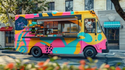 A generative AI-themed food truck mockup with dynamic, colorful graphics. The design merges traditional street food culture with innovative, tech-inspired aesthetics.