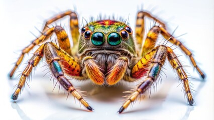 Fototapeta premium Macro close-up of a solitary spider with intricate details and vibrant colors, posing centered on a pure white isolated background, showcasing its delicate legs and body.