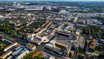 Aerial panorama view of the old town of the city Wolfsburg in Germany on a summer day.