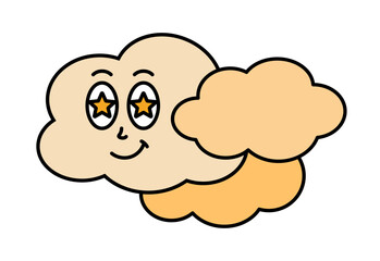 Yellow clouds character with cartoon funny face. Groovy sticker with Sky symbols. Weather icon. Emoji expression. Retro Vector illustration on white background