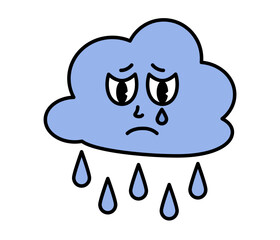 Blue rainy cloud character with cartoon cry face. Groovy sticker with rain symbol. Weather icon. Emoji expression. Retro Vector illustration on white background
