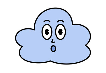 Blue cloud character with cartoon funny face. Groovy sticker with Sky symbols. Weather icon. Emoji expression. Retro Vector illustration on white background