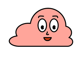 Pink cloud character with cartoon funny face. Groovy sticker with Sky symbols. Weather icon. Emoji expression. Retro Vector illustration on white background