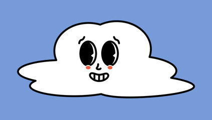 White cloud character with cartoon funny faces. Groovy sticker with Sky symbols. Weather icon. Emoji expression. Retro Vector illustration on blue background