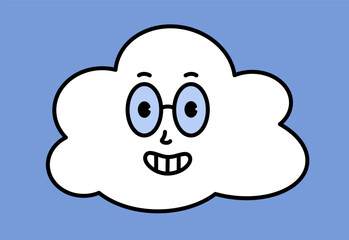 White cloud character with cartoon funny faces. Groovy sticker with Sky symbols. Weather icon. Emoji expression. Retro Vector illustration on blue background