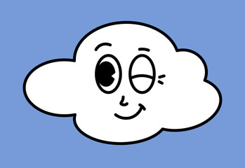 White cloud character with cartoon funny faces. Groovy sticker with Sky symbols. Weather icon. Emoji expression. Retro Vector illustration on blue background