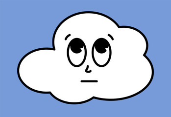 White cloud character with cartoon funny faces. Groovy sticker with Sky symbols. Weather icon. Emoji expression. Retro Vector illustration on blue background