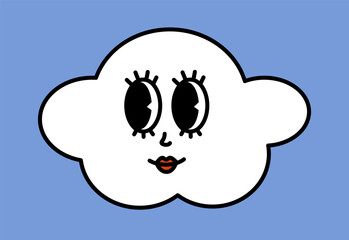 White cloud character with cartoon funny faces. Groovy sticker with Sky symbols. Weather icon. Emoji expression. Retro Vector illustration on blue background