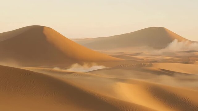 Slow panning shots of towering sand dunes slowly disappearing as they are consumed by an approaching desert sandstorm.