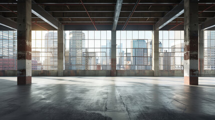 Industrial loft with large windows and sunlight streaming through