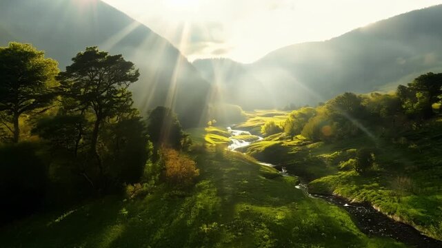 The sun peeking through the clouds illuminating a peaceful glen in a stunning display of light and shadow.
